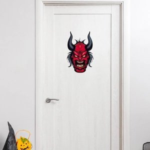 Spooky red devil decal with glowing eyes on a white door for Halloween party decoration