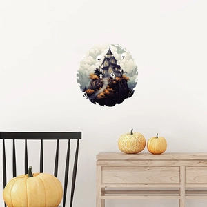 Ghost castle Halloween wall decal sticker with floating spirits and orange pumpkins