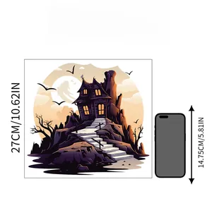 Halloween castle wall sticker size comparison showing 27cm height next to a smartphone