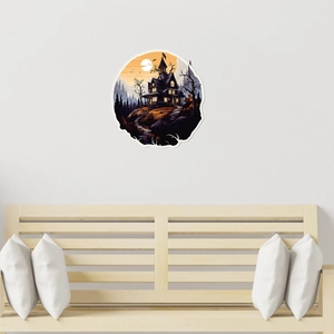 Sticker Mural Château Maison Hantée Halloween Rond PVC Imperméable Amovible Pour Décoration De Fête Maison