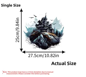 Detailed view of Halloween castle wall sticker showing precise size measurements in cm and inch
