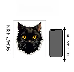 Creative black cat wall sticker measuring 19cm height next to phone for size comparison