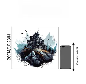 Detailed scale of spooky Halloween castle wall sticker showing 26cm height with phone reference