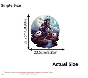 Detailed size chart for Halloween haunted castle wall decal showing 27.7cm by 23.5cm dimensions