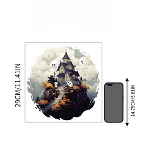 Ghost castle Halloween wall sticker size comparison against a mobile phone reference