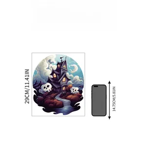 Detail view of 29cm purple Halloween haunted house wall sticker with scale reference
