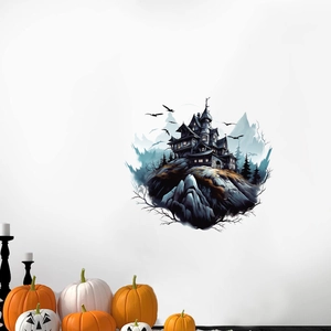 Spooky haunted castle Halloween wall decal on white wall with festive pumpkin decor