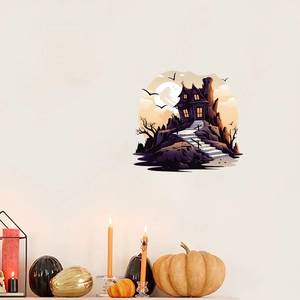 Halloween purple haunted castle wall sticker with bats and moon for room decoration