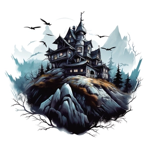 Gothic Halloween wall decal featuring a spooky haunted castle with flying crows and dark trees