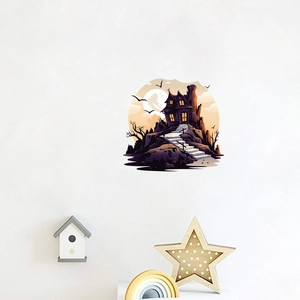 Halloween castle wall decal featuring spooky house and full moon on a white wall