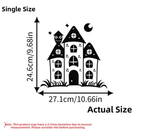 Detail showing dimensions of black Halloween castle wall sticker, 24.6x27.1cm size view