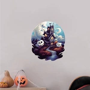 Halloween scary castle wall sticker with glowing haunted house and skull for party decor