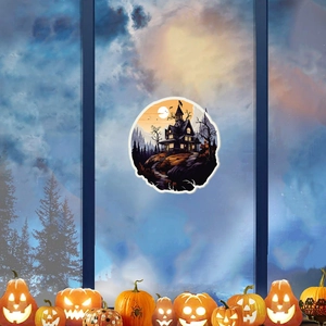 Sticker mural rond d'Halloween avec manoir hanté, arbres morts et chauves-souris