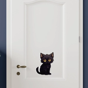 Cartoon black cat wall sticker with yellow eyes for home decor on white wooden door