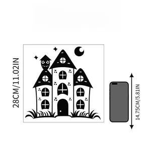 Size comparison showing 28cm Halloween haunted house wall sticker next to a smartphone
