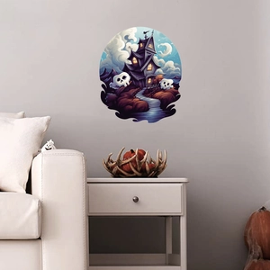 Halloween scary castle wall sticker with purple ghost house and moon for home decor