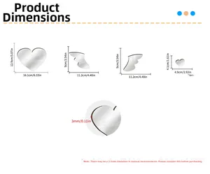 Size guide for 3D acrylic mirror wall stickers showing heart and wing dimensions