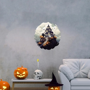 Halloween ghost castle wall sticker on a gray wall above a modern white sofa