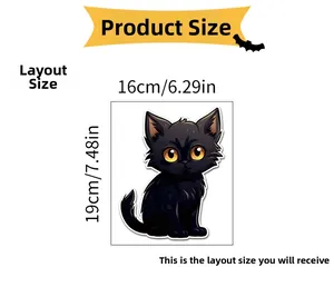 Detailed sizing chart for black cartoon cat wall sticker measuring 16cm by 19cm