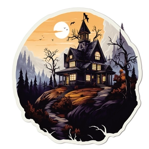 Sticker mural d'Halloween avec maison hantée gothique et lune orange sur fond blanc