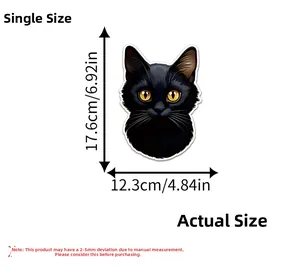 Detailed size chart showing a black cat head sticker measuring 17.6cm by 12.3cm for wall decor