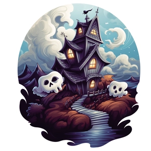 Halloween wall sticker featuring a haunted castle and skulls with glowing windows