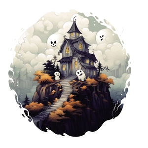 Ghost castle Halloween wall sticker with spooky cartoon ghosts and autumn trees