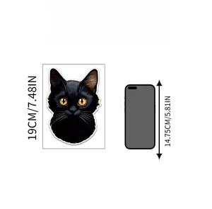 Size comparison of a black cat sticker with 19cm height next to a mobile phone silhouette