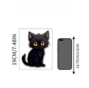 Size comparison view of a 19cm cartoon black cat sticker next to a mobile phone