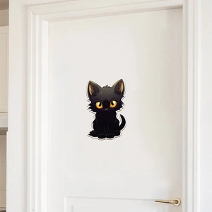 Autocollant mural chat noir mignon avec de grands yeux jaunes pour porte et chambre