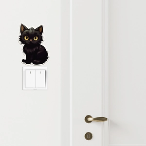 Schattige zwarte kat muursticker met gele ogen voor lichtschakelaar en decor