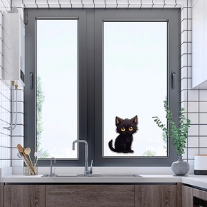 Schattige zwarte kat raamsticker met gele ogen voor glasdecoratie in de keuken