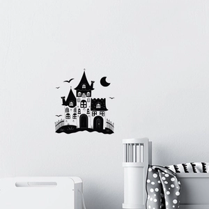 Halloween black castle wall decal with moon and bats for window and party decoration