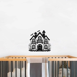 Halloween wall sticker set featuring black haunted house silhouettes and pumpkins