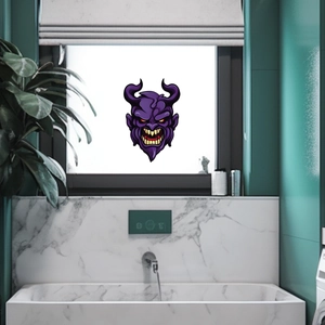 Cartoon purple devil head Halloween wall sticker on a bathroom window glass surface