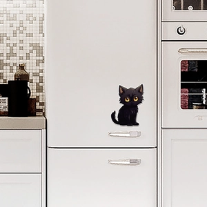 Schattige zwarte cartoon kattensticker met gele ogen voor koelkast decoratie