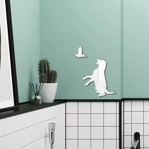 Detailed mirror acrylic wall sticker featuring silver bird and dog shapes on mint wall