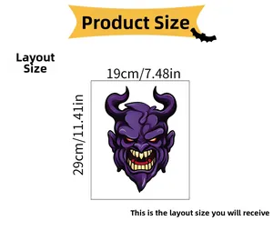 Detailed size chart showing a purple Halloween devil sticker with 19cm x 29cm dimensions