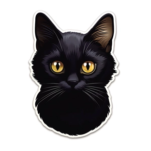 Minimalist black cat wall sticker with golden eyes and white whiskers on white background