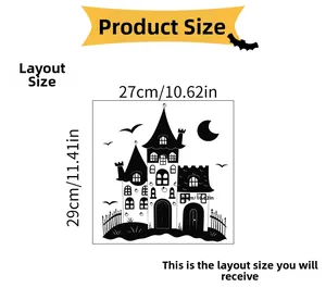 Halloween black castle wall sticker layout dimensions showing 27x29cm size details