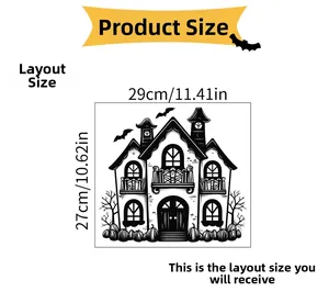 Detailed size chart for Halloween castle wall decal with bats and pumpkin motifs