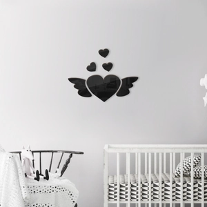 Black acrylic 3D heart with wings mirror wall stickers for living room decor