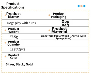 Detailed product specifications for Dogs play with birds wooden wall stickers 2-pack
