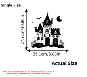 Detailed size chart for black Gothic castle window sticker measuring 10.90 by 9.88 inches