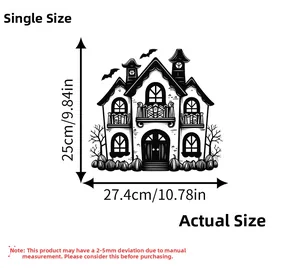 Detailed size chart for Halloween haunted castle wall decal showing 25cm height and 27.4cm width