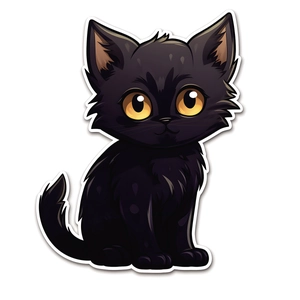 Cute black cartoon cat sticker with orange eyes and white border for wall and fridge
