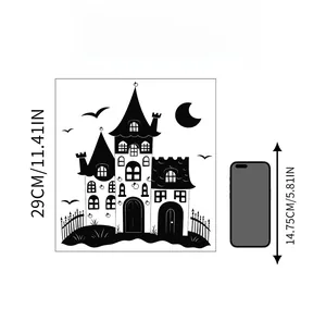 Detail showing Halloween castle wall sticker dimensions next to a phone for scale