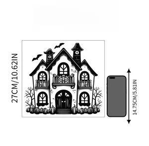 Halloween wall sticker featuring haunted castle and pumpkin with 27cm height comparison