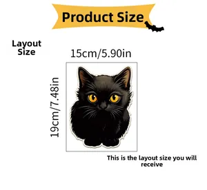 Detailed size chart for black cat wall sticker showing layout dimensions 15x19cm for decor