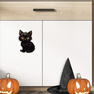 Halloween zwarte kat muursticker op witte kast met pompoen en een heksenhoed
